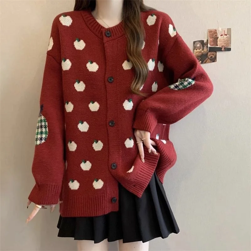 Giacca maglione cardigan lavorato a maglia jacquard mela versione coreana da donna per top snellente vestibilità ampia autunno e inverno da donna