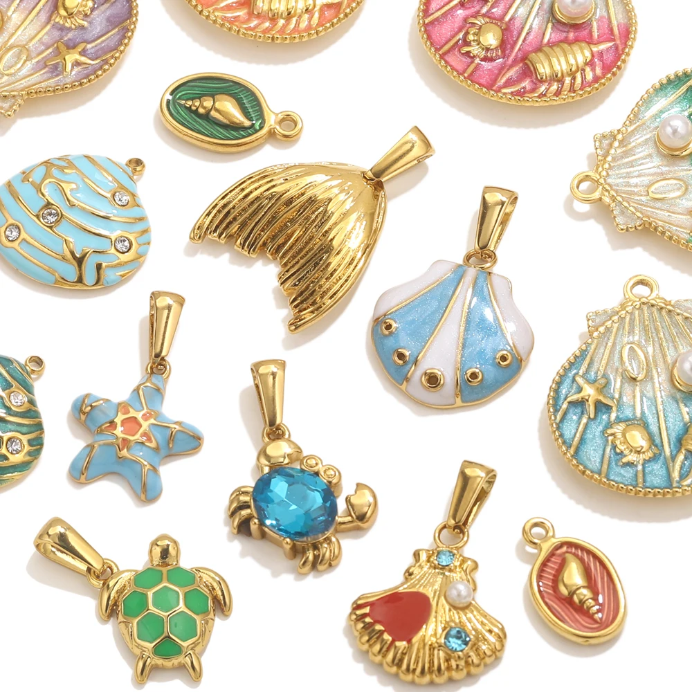 4pcs Stainless Steel Summer Sea Charms Shell Turtle Conch Gold Pendants Jewelry Making DIY Women Necklace Earrings Accessories