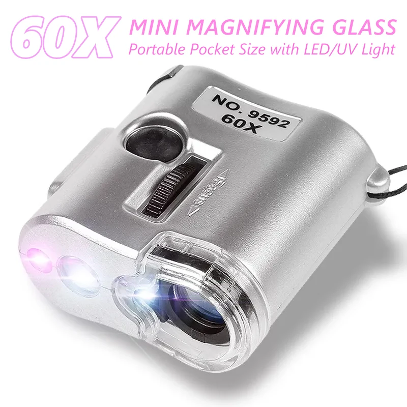 60X MINI Magnifying Glass 2 LED/1 UV Light Jewelry Magnifier Lens Pocket Illuminated Loupe for Jade Appreciation Jewelers Loupe