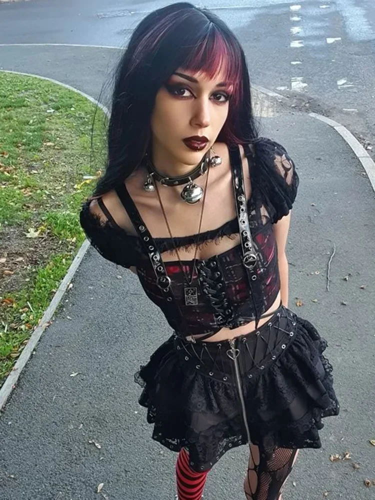 E-girl Gothic Lace Mini Pleated Skirt Women Punk Y2K Aesthetic High Waist A-Line Short Skirt 90s Vintage Harajuku Streetwear