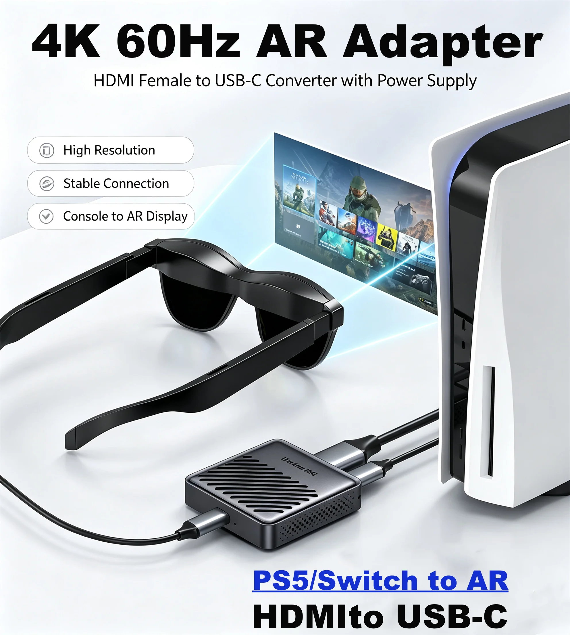 HDMI Female to USB-C Type-C Converter for PS5, AR Glasses HDMI Adapter Cable, Compatible with Switch2, Xreal One, PS5, Laptop