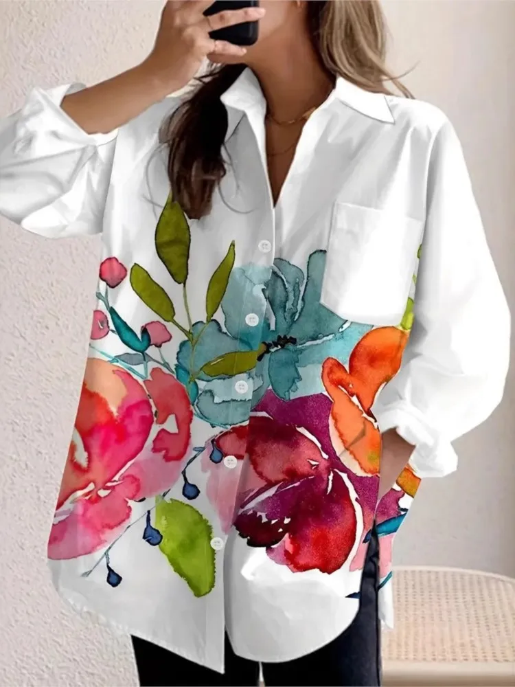 

Floral Print Shirt Lady Fashion Long Sleeve Turn-down Collar Button Shirts Tops For Women Casual Holiday Office Womens Clothing