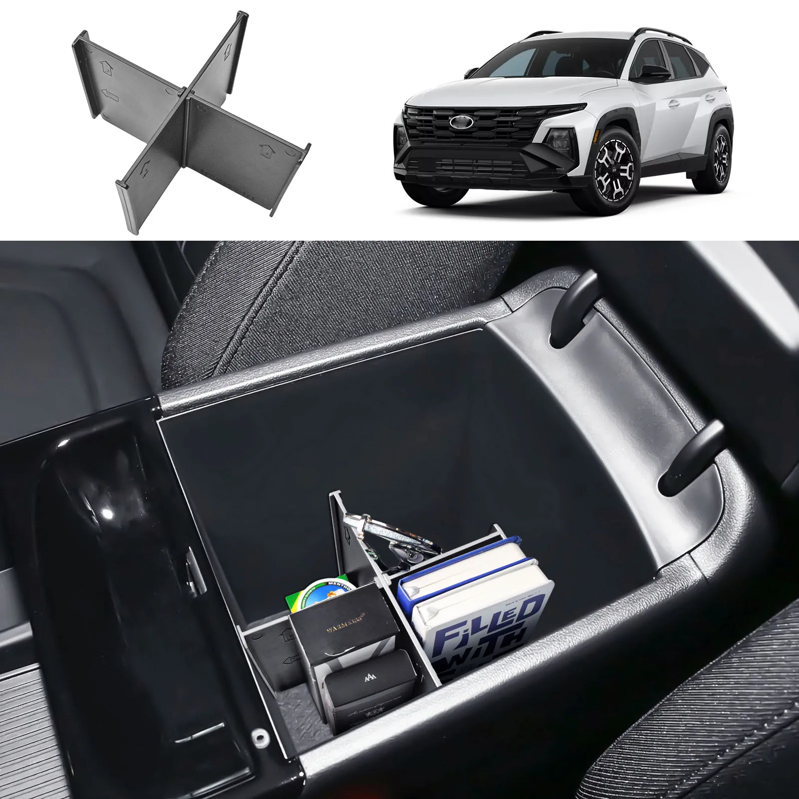 

Center Console Organizer Storage Dividers Tray for 2025 Hyundai Tucson Hybrid/Plug-in Hybrid/Gas Limited Armrest Storage Divider