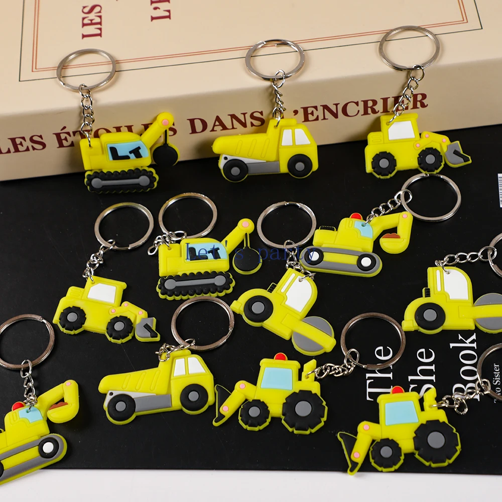 12Pc Cartoon PVC Construction Engineering Vehicle Excavator Keychain Backpack Pendant for Kids Birthday Party Favors Pinata Gift