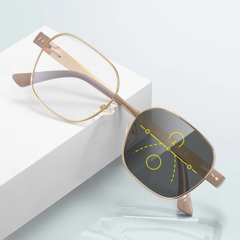 VICKI Elegant Lady's Style Metal Polygonal Glasses with Anti-blue Light Function, Customizable Prescription, Multi-focal PFD3172