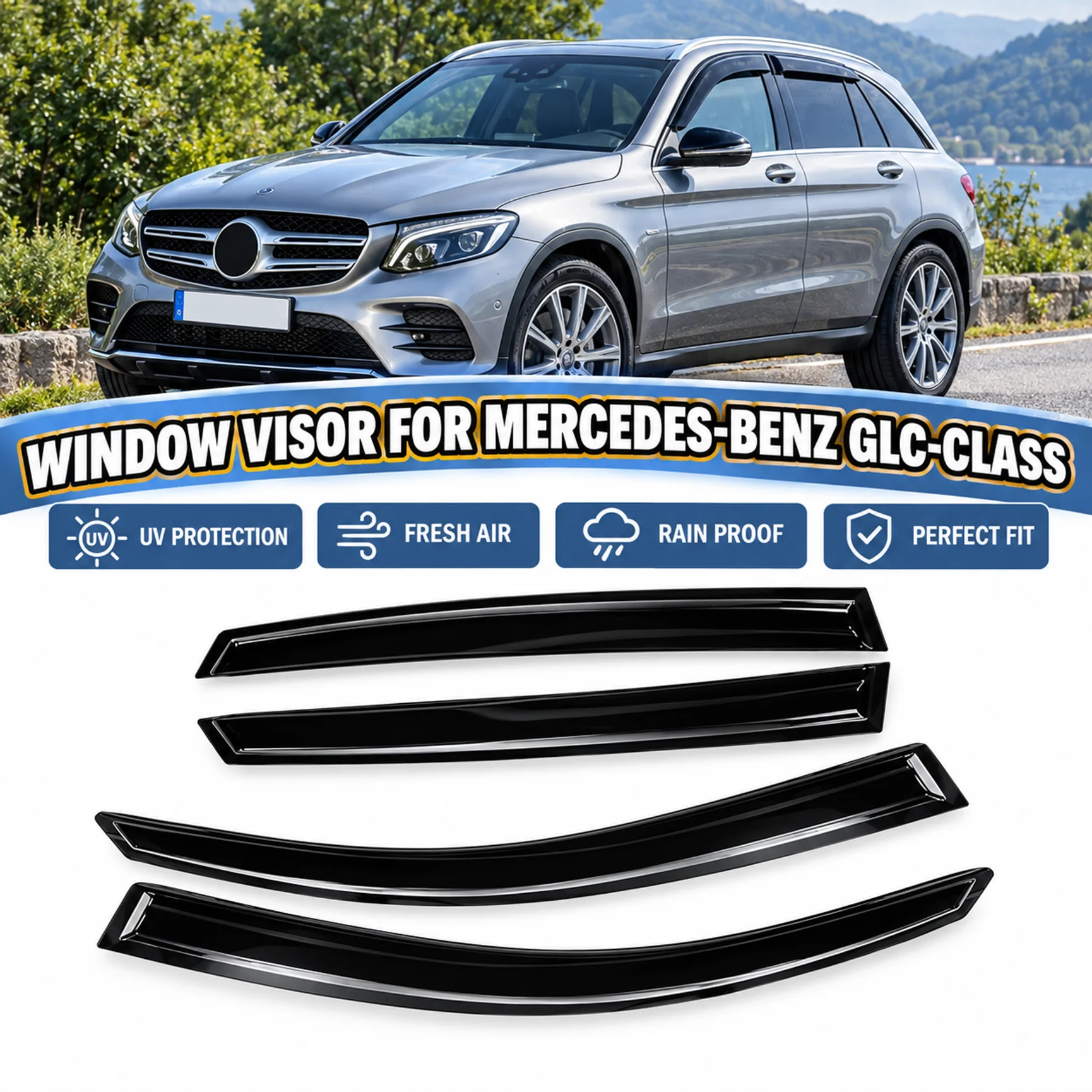 Deflettori antipioggia per finestrini, protezioni laterali per finestrini, protezioni laterali per finestrini fumé, deflettori antivento resistenti alle intemperie per Mercedes Benz GLC Classe X253