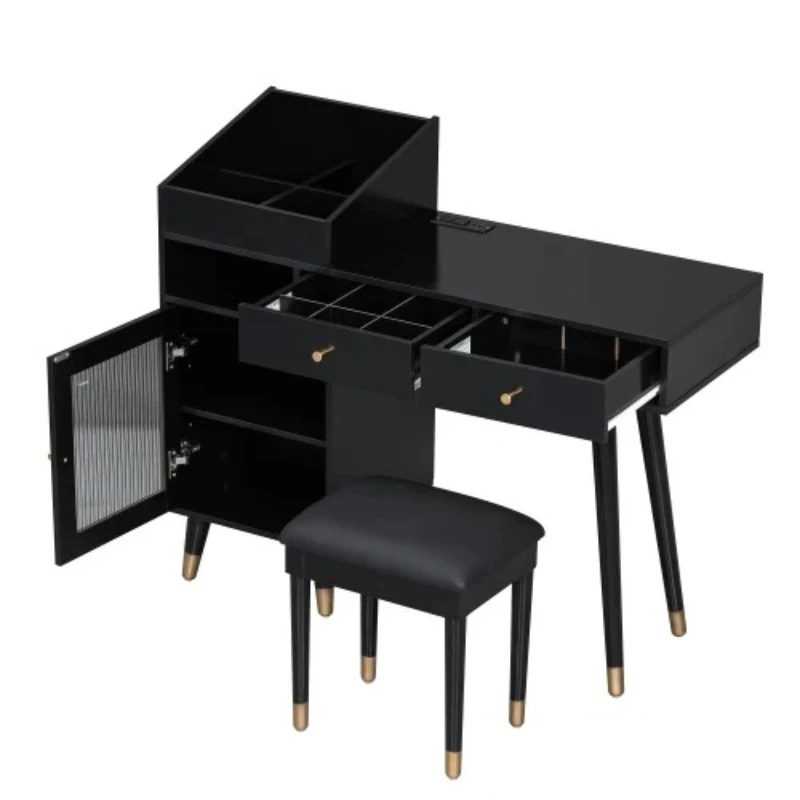 Modern Makeup Vanity Desk with Drawers, Cabinet & Charging Port, Space-saving Dressing Table Set with Stool for Small Places
