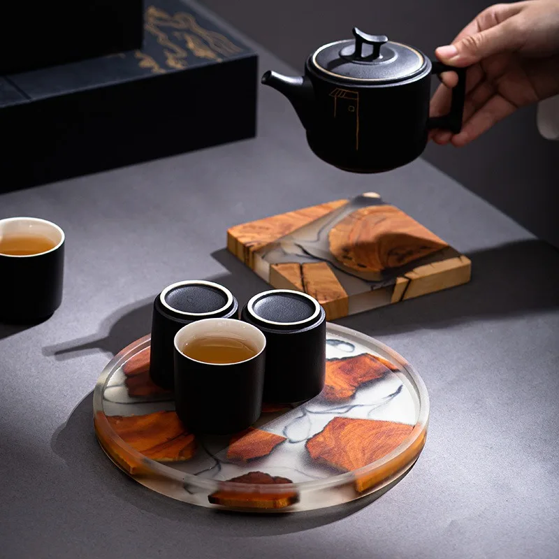 Zen Cypress Wood Dry Tea Tray Ink Painting Style Tea Board Home Insulation Mat Pot Stand Resin Multi Function Tea Tray Ceremony
