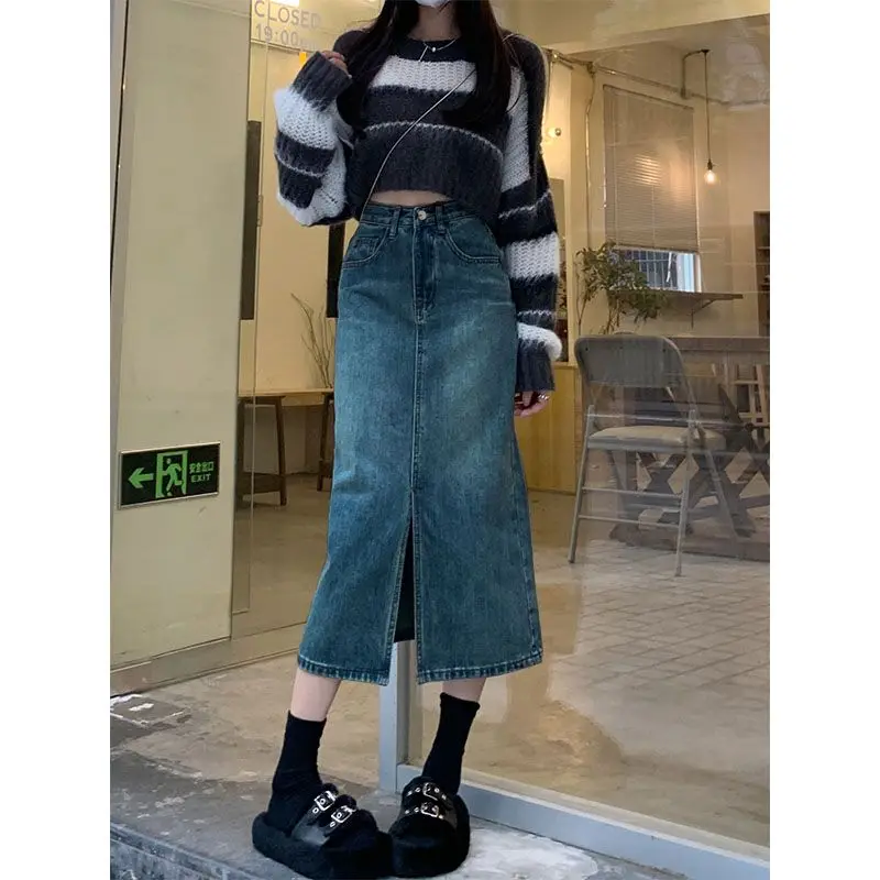 Spring Women Mid Length Vintage Denim Skirt High Wasit Skirt Straight Front Zipper Slit Solid Color Buttons A-line Pencil Skirts