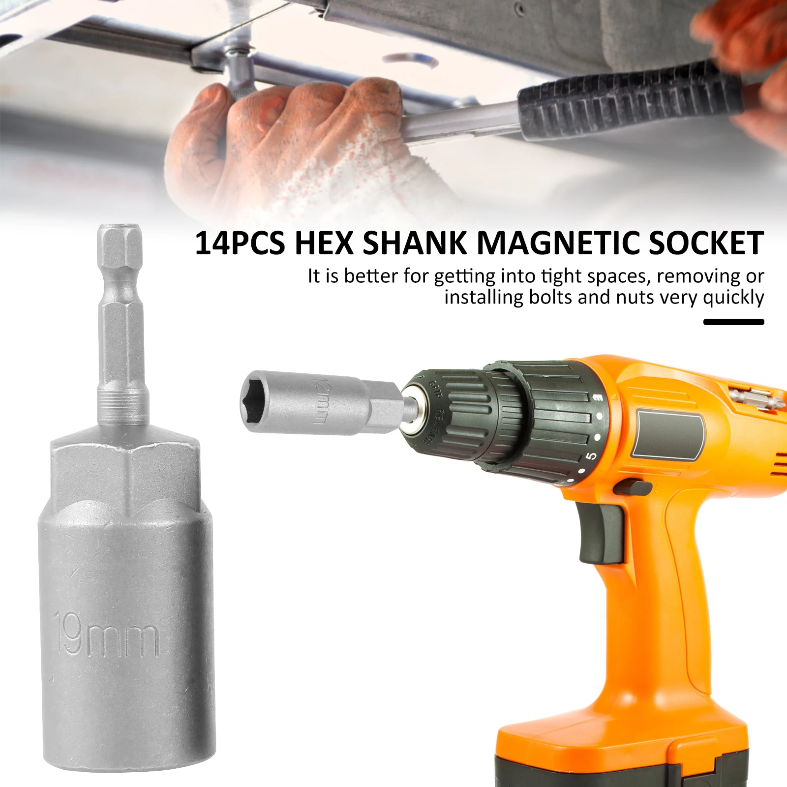 14Pcs 6-19mm Deep Socket Adapter Set Hex Shank Nut Driver Bits Set Nut Setter Drill Bit Set Magnetic Hexagonal Sockets Set