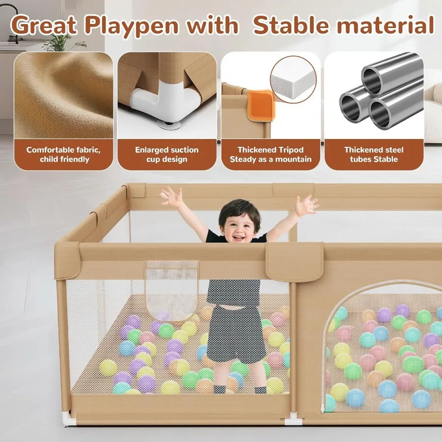 Large Baby Playpen 71x59 Inch Play Pen PlayardsPlaypen for Babies and Toddlers with 50 Ocean Balls and2 Handles-Sturdy Safety B