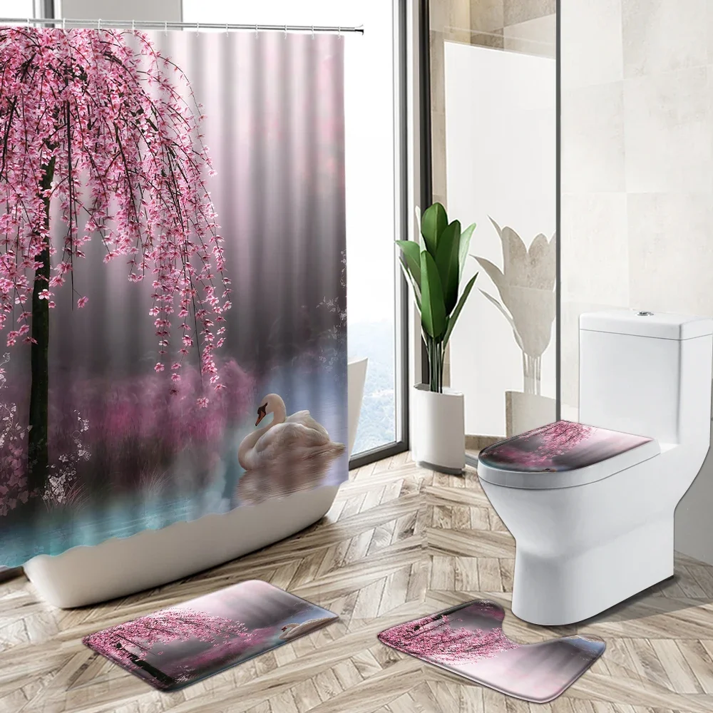 Dreamy Pink Cherry Blossom Swan Shower Curtain Set Forest Tree Scenery Home Decor Bath Mat Toilet Cover Flannel Bathroom Carpet