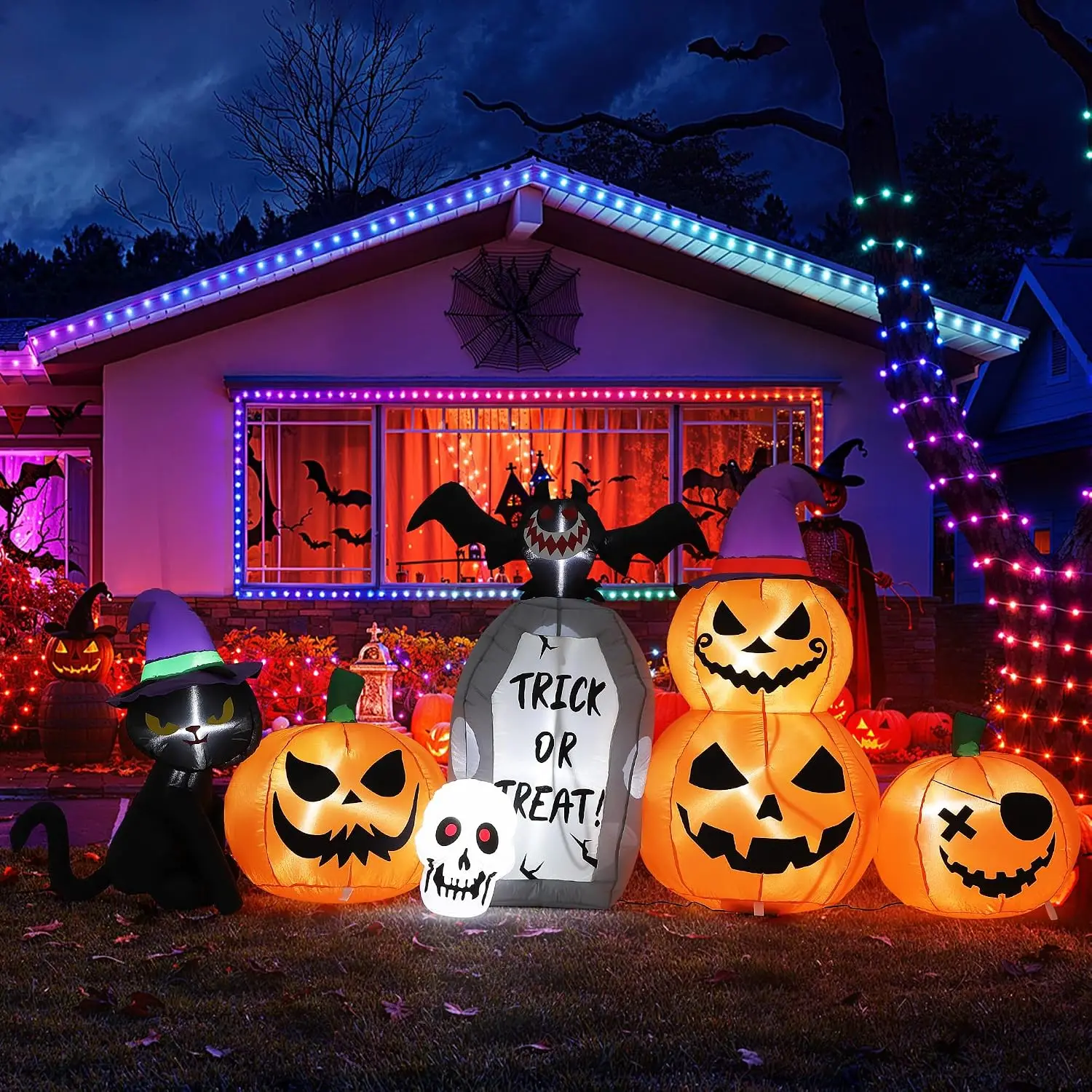 TWISTER.CK 8FT Long Halloween Inflatables Outdoor Decorations – Lighted Blow Up Pumpkin & Black Cat with LED, Bat, Tombstone, Yard Lawn Porch Party Home Decor