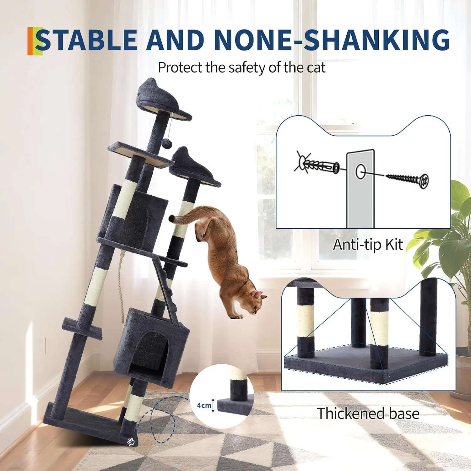 Garvee 72inch Large Cat Tree Tower Heavy Duty Stable Cat Furniture with 6 Sisal Scratching Posts, 2 Soft Perches, Spacious Condo, Platforms & Dangling Balls Villa Training Aids Pet Products Supplies