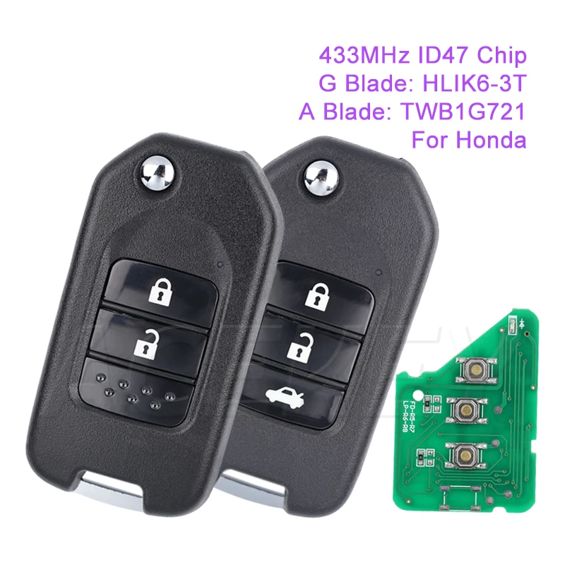 

For Honda Accord Civic City CRV Jazz XR-V Vezel HR-V FRV Car Remote Key Fob A G Blade FCCID TWB1G721 HLIK6-3T ID47 Chip 433MHz