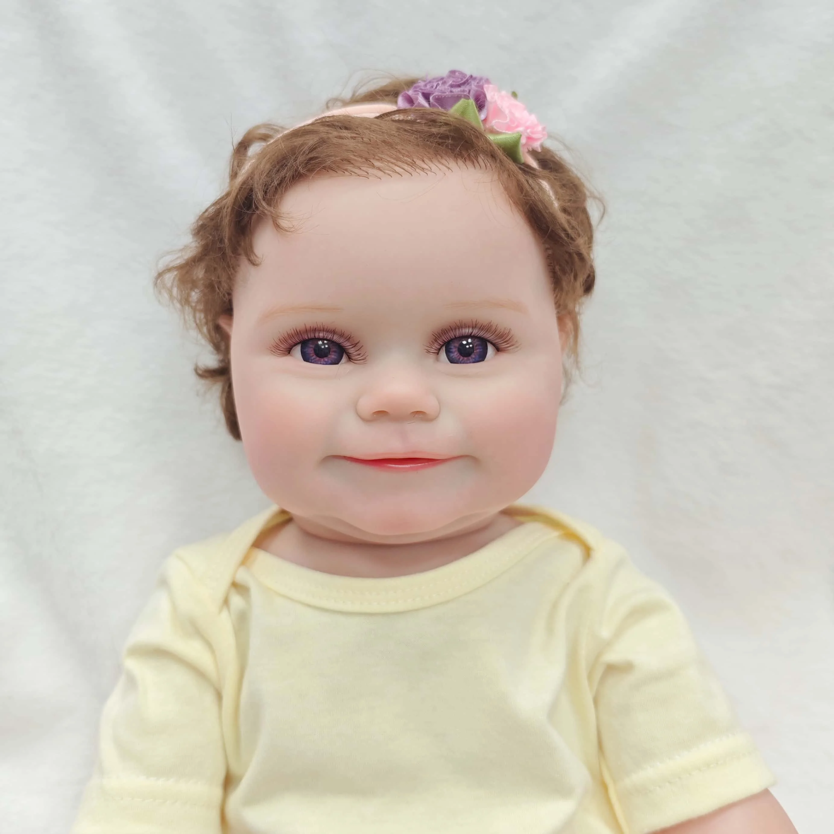 20 Inch Vinyl Reborn Girl Doll, Collectible Edition, Exquisite Facial Features, Cute Smile, Brown Curly Hair & Blue Eyes,