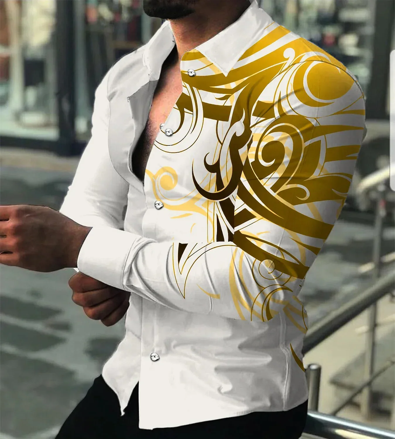 Hawaiian Shirts Luxury Golden Graphic Shirts Men Fashion Shirt Long Sleeve Cuba Lapel Beach Blouse Men Clothing Turn Over