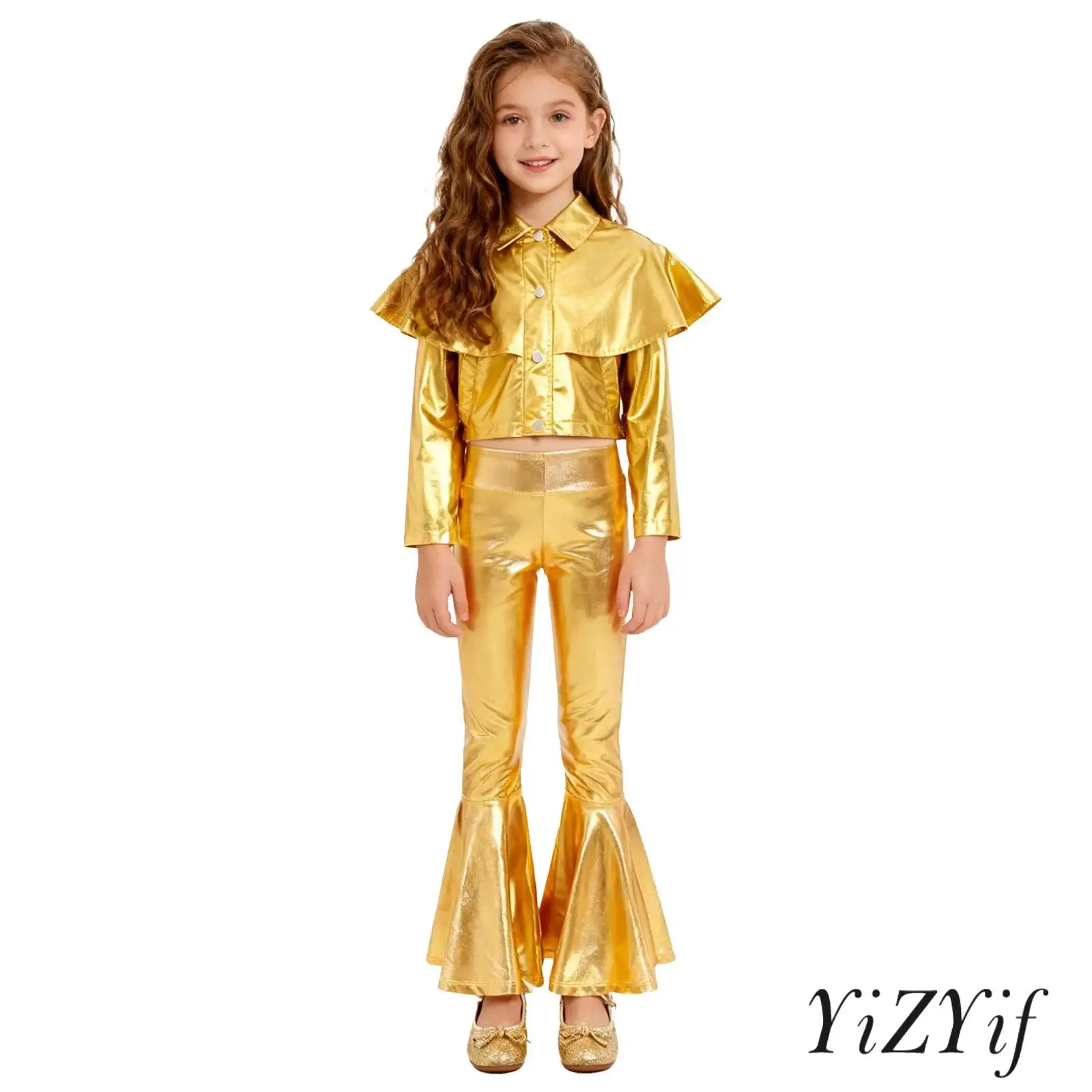 

Girls Long Sleeve Front Press Buttons Ruffle Metallic Jacket with Elastic Waistband Bell-bottom Pants for Hip-hop Jazz Dance