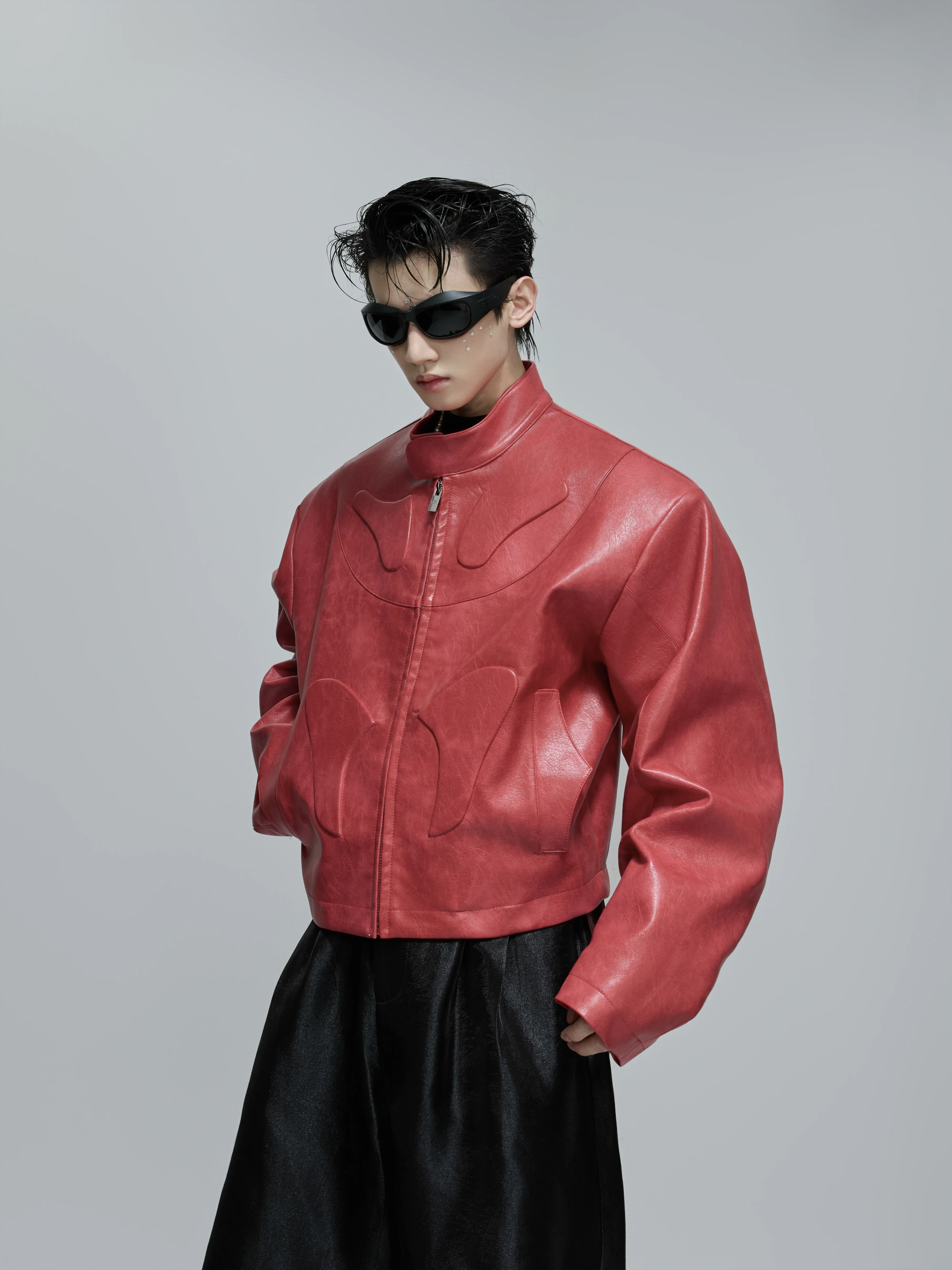 ArguE CulturE Men's Motorcycle Jacket Deconstructed Stand Collar 3D Relief Leather Coat Fashionable Urban Style Short Coat