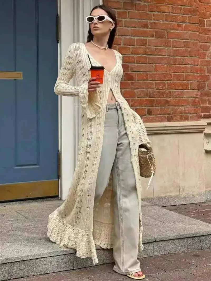 Hollow Breasted Sweater Long Dress Women Summer Party Dresses Cover Up Elegant Slim Split Maxi Vestidos Holiday Beach Robe AL94