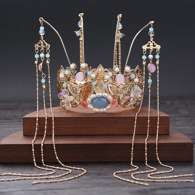 Hanfu girls adult headwear tassel step hairpin full set ancient style super fairy hair crown pair hairpin hair accessories
