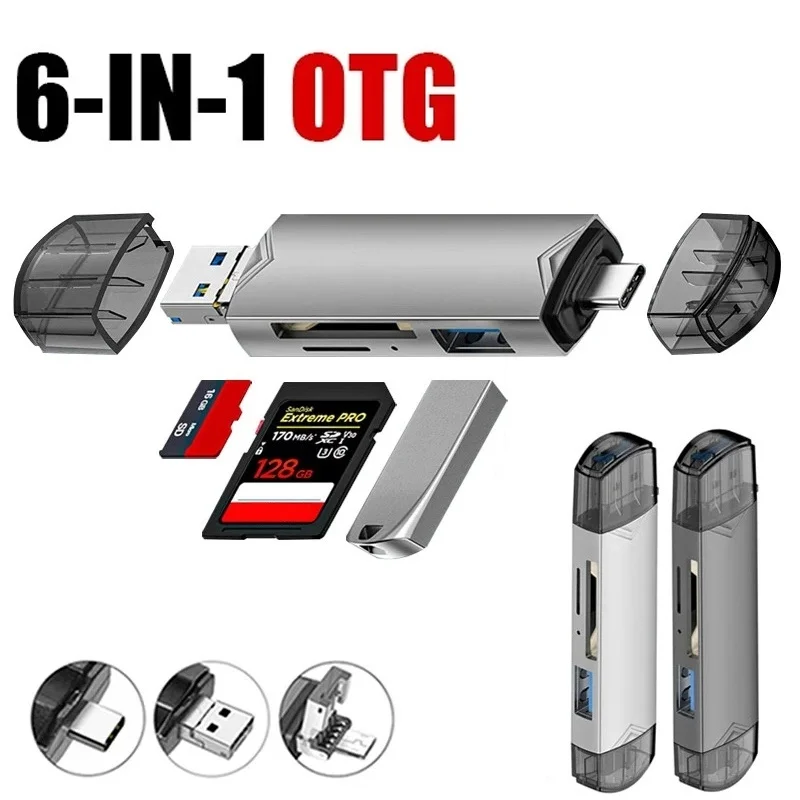 6 In 1 Type C SD TF Card Reader Micro USB Flash Drive Adapter 5Gbps High Speed Transfer Multifunctional Card Reader For Computer