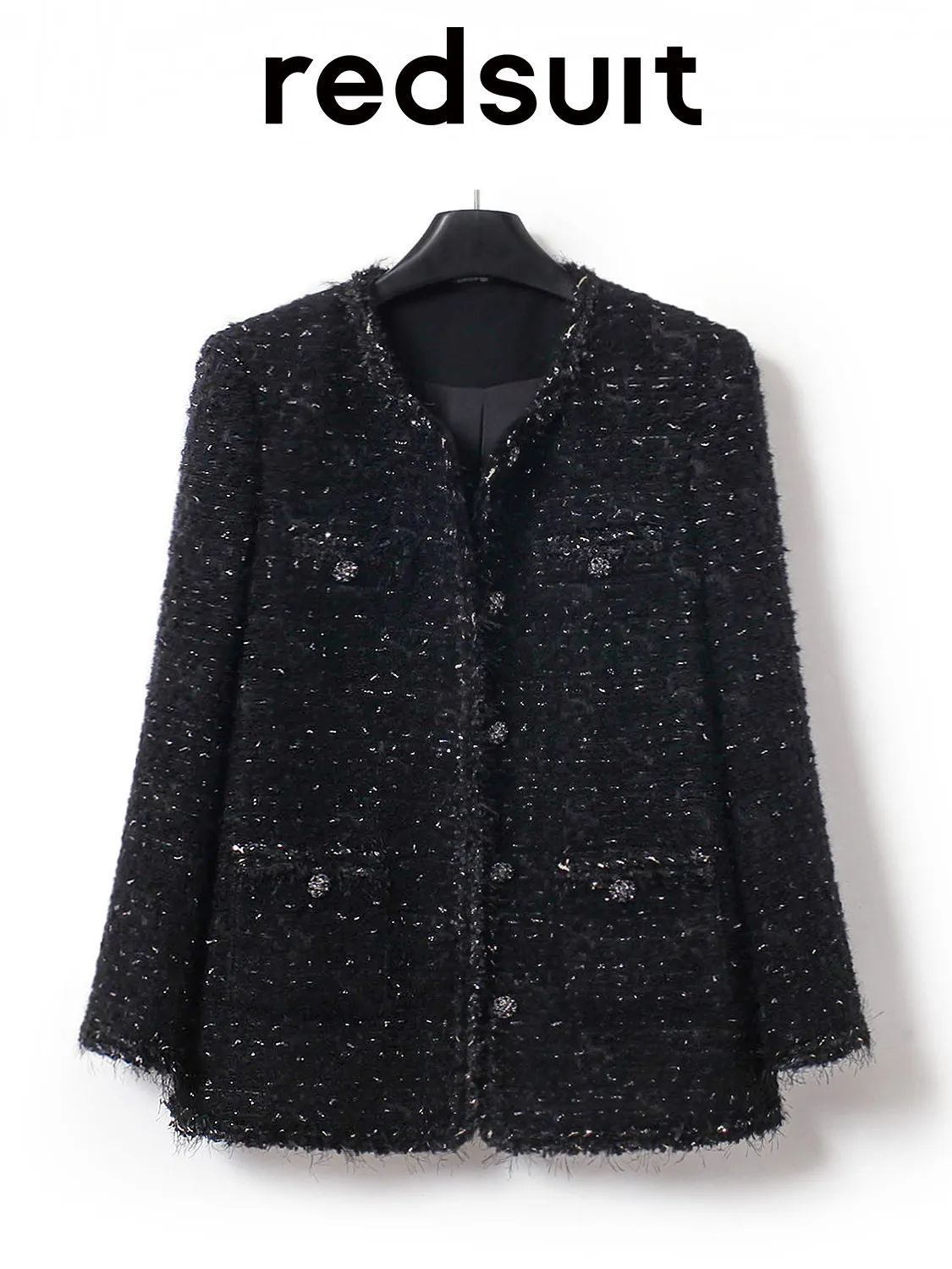 New Gaoding Mao flu heavy industry silver coarse flower woolen medium long black jacket Customized ruler