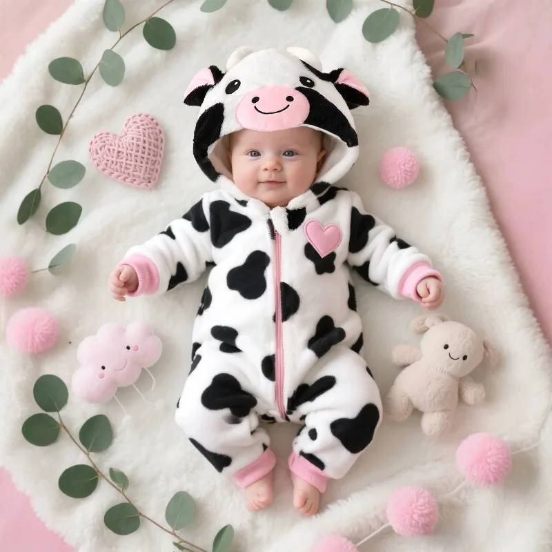 Cute Newborn Cow Romper Hooded Fluffy Warm Bodysuit Infant Toddler One-Piece Jumpsuit Animal Outfit Baby Clothes Gift