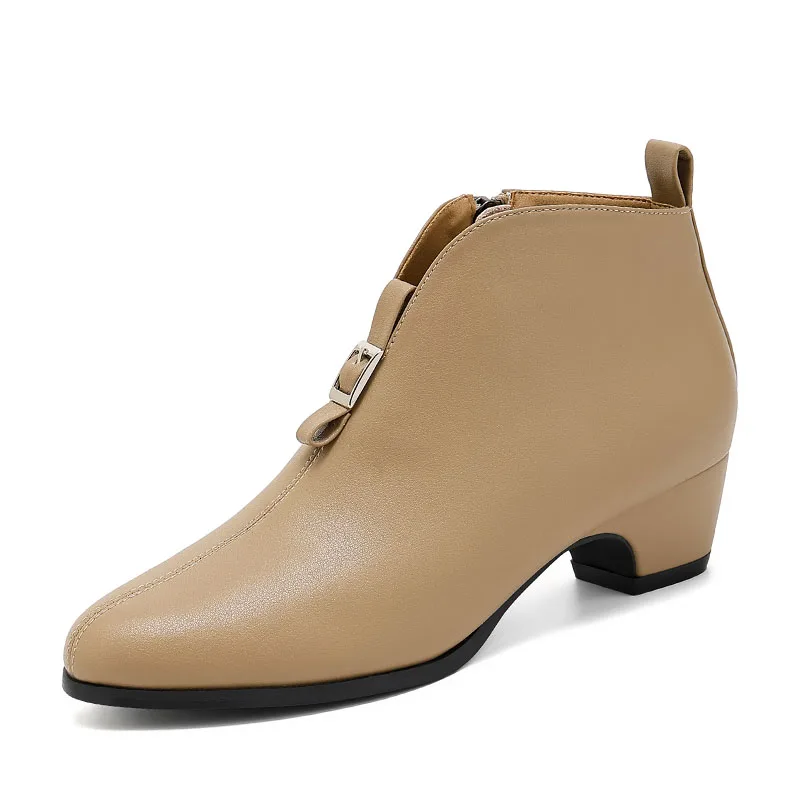 DRKANOL Ladies Thick Heel Boots Autumn Winter Genuine Leather Sheepskin Pointed Toe Casual Short Boots Women Plush Warm Shoes