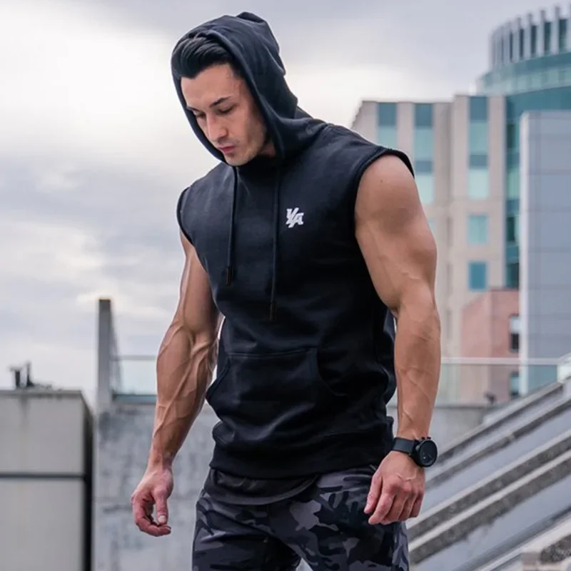 Muscleguys Gym Clothing Mens Bodybuilding Hooded Tank Top Cotton Sleeveless Vest Sweatshirt Fitness Workout Sportswear Tops Male