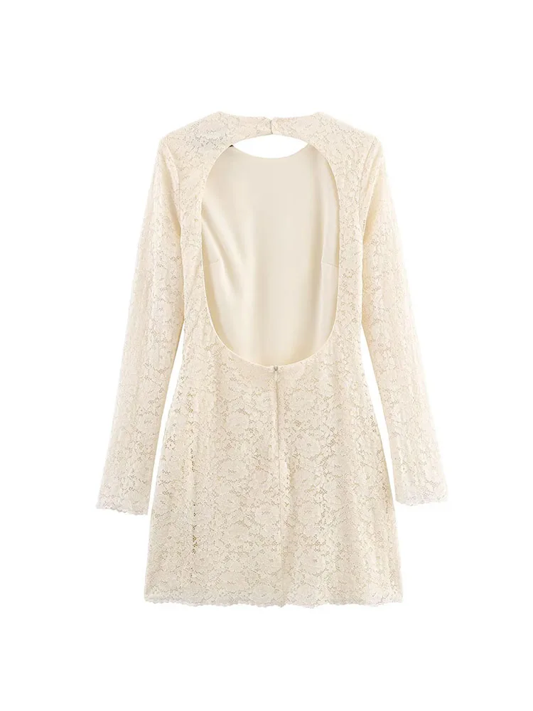 HH امرأة الربيع جولة الرقبة سستة عارية الذراعين تشديد الخصر طويلة الأكمام الدانتيل الديكور فستان قصير الإناث أنيقة مثير تنورة