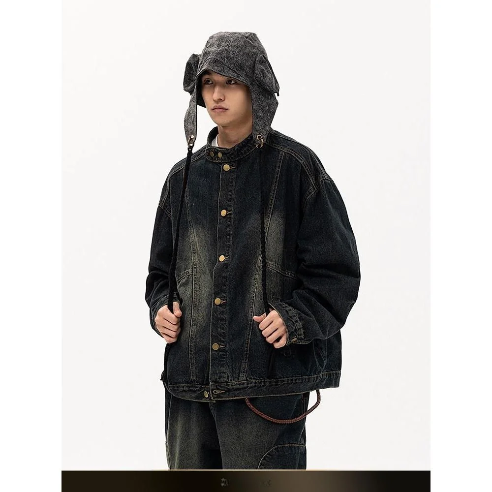 

Retro Japanese Style Short Jacket Vintage Washed Denim Loose Fit Unisex Stand Collar Spring Autumn Trendy Youth Polyester Fiber