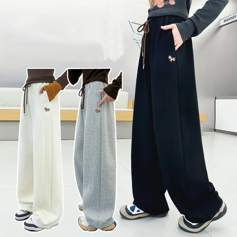 School Kids New Spring Sports Pants for Teen Girls Casual Splicing Curved Knife Trousers Child Sporty Loose Sweatpants 4-45Y