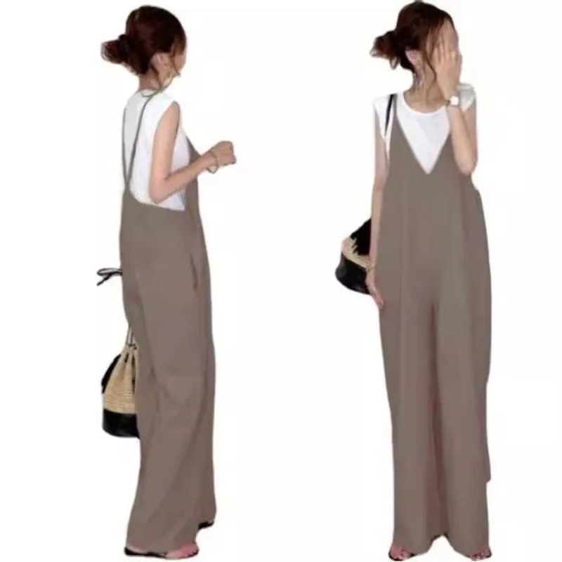 Summer New Japanese Style Jumpsuit Women Sleeveless Wide Leg Pants Solid Color Casual Loose Overalls Breathable Lightweight
