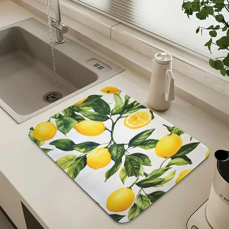 Mediterranean Lemon Dish Drying Mat Botanical Green Leaves Kitchen Counter Mat Fruit Coffee Bar Pad Absorbent Decor