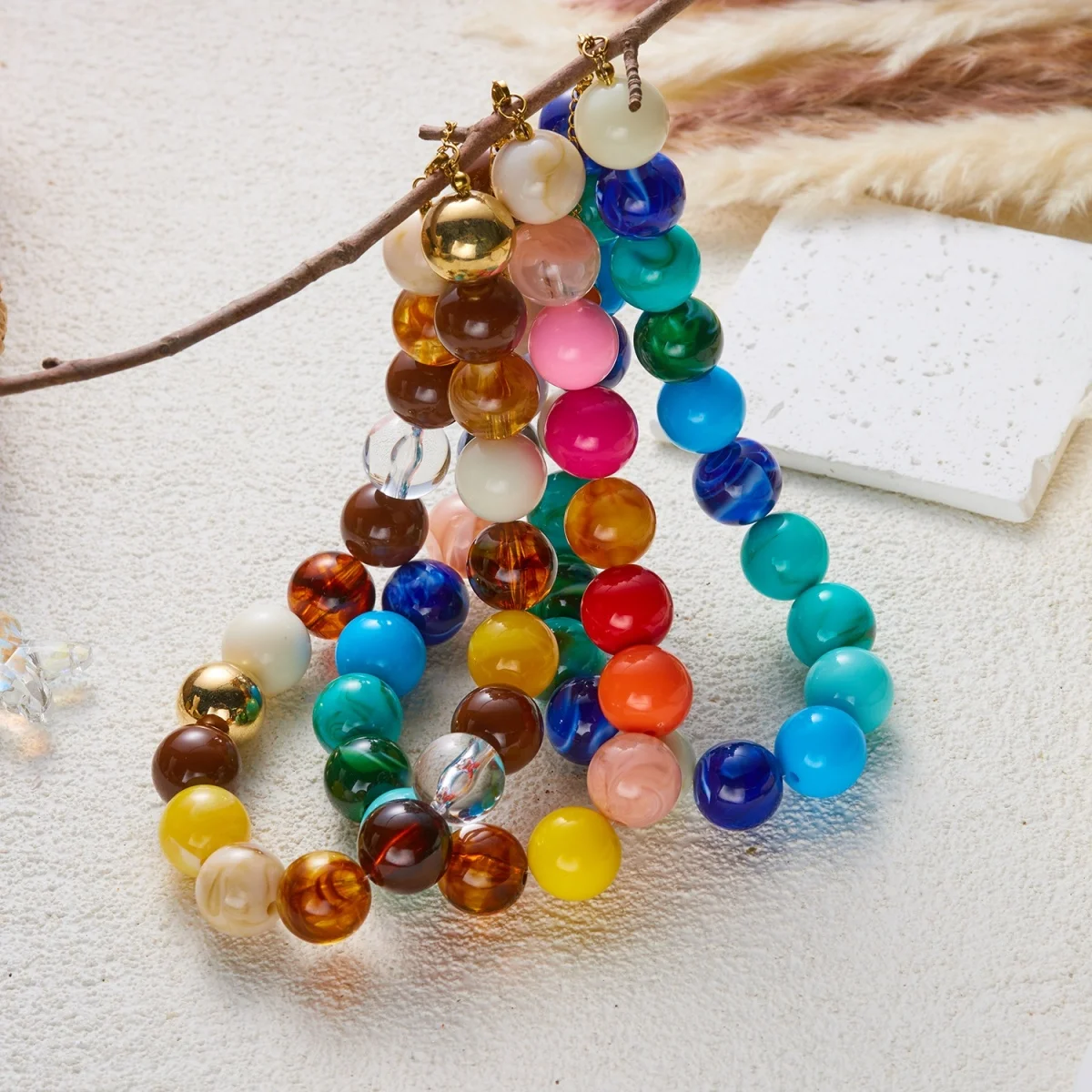 Modische bunte Acryl-Halskette mit großen runden Perlen für Damen und Herren, böhmische blaue braune Harzperlen, Choker, Y2K-Ästhetik-Schmuck – Detail 25