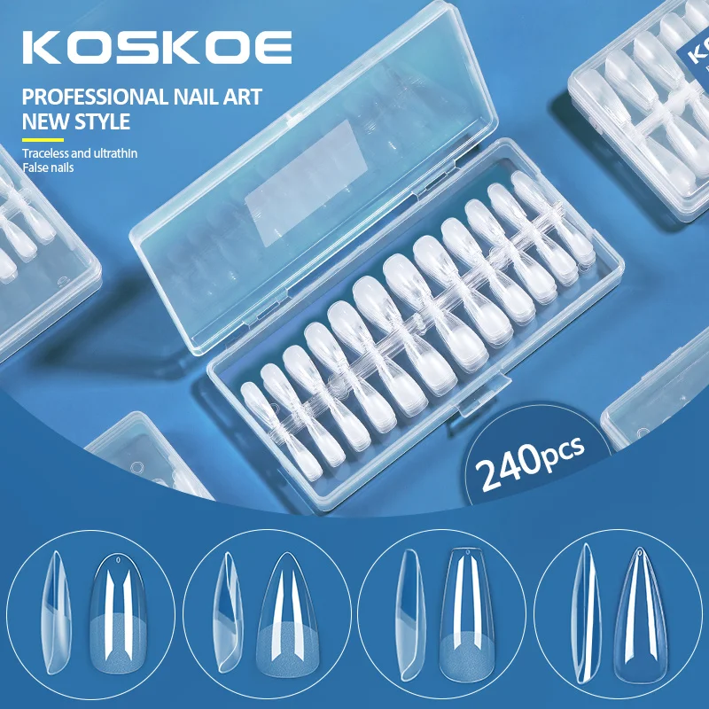 KOSKOE 240pcs /Box Coffin Oval Square False Nails Press on Semi-Frosted Full Cover UV Gel Nail Fake soft gel tips Extension Tool