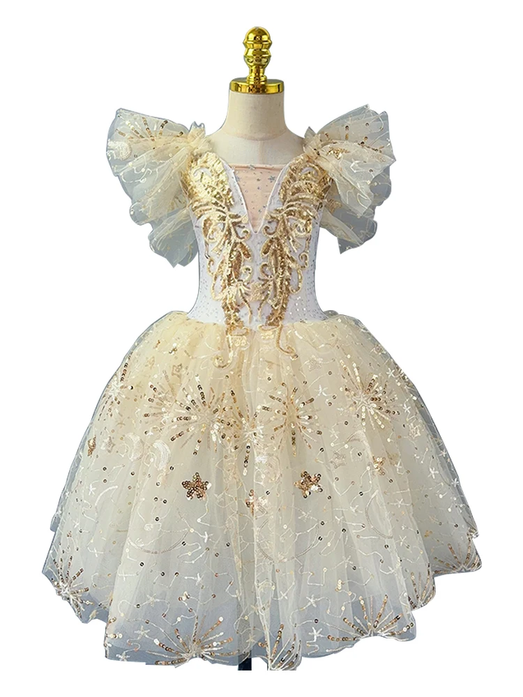 Abito lungo da balletto per bambini, per ragazze, pizzo beige, cigno, paillettes, abito da principessa, per adulti, donna, danza moderna, costume da spettacolo teatrale