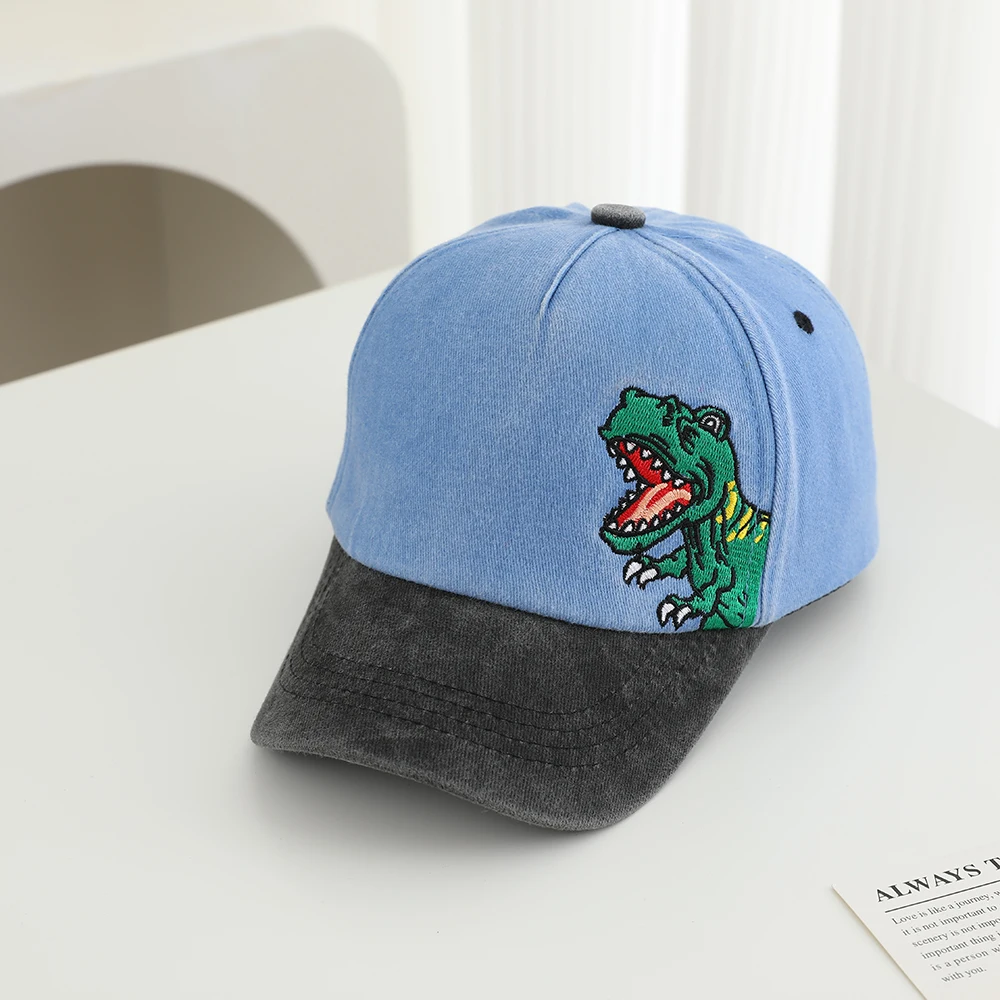Patchwork Embroidered Side-Necked Green Small Dinosaur Children's Baseball Cap, Outdoor Adjustable Sun Hat with Brim