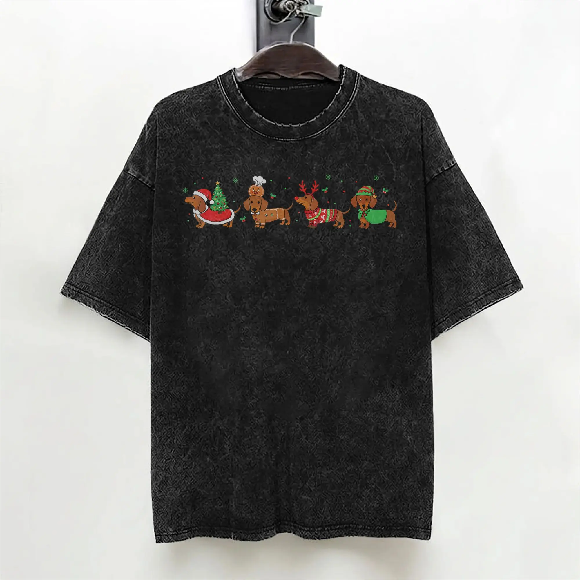 Dachshund Christmas Dog Lovers T Shirts Washed Cotton High Street T-Shirts  Novelty for Men Women Streetwear Graphic Tee Shirt