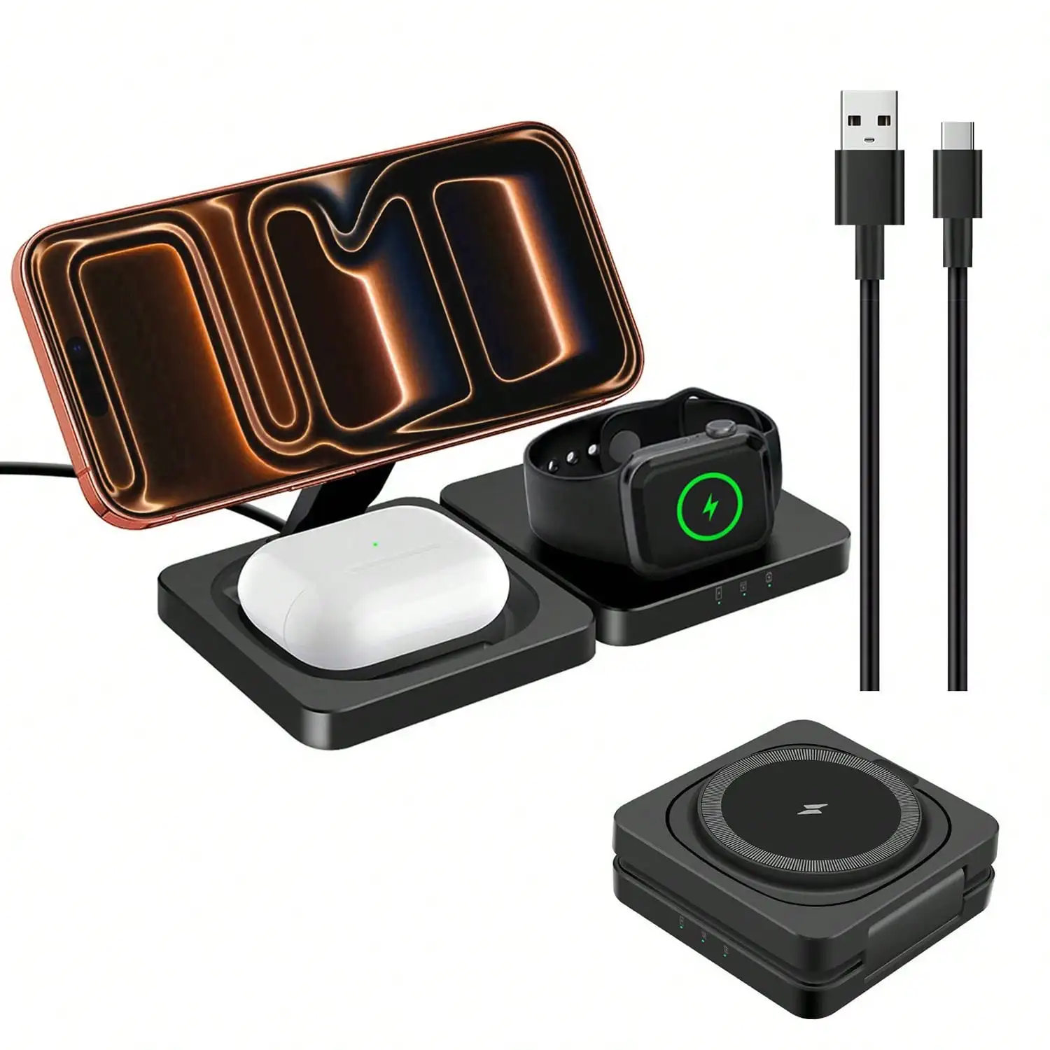 15W 3 In 1 Foldable Magnetic Wireless Charger Fast Charging Station Compatible With IPhone 17 16 15 14 13 12 Pro Max Plus Compatible With Apple Watch 10 9 8 SE 7 6 5 4 3 2 Compatible With AirPods Pro 2 3 4