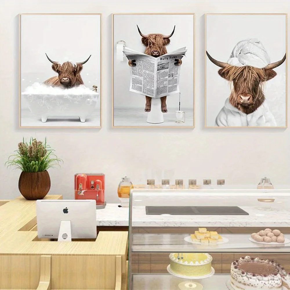 2D Flat 3pcs Unframed Trayosin Premium Poster Set - Funny Highland Cow in Bathtub Wall Art, Animal Canvas Prints, Bathroom De