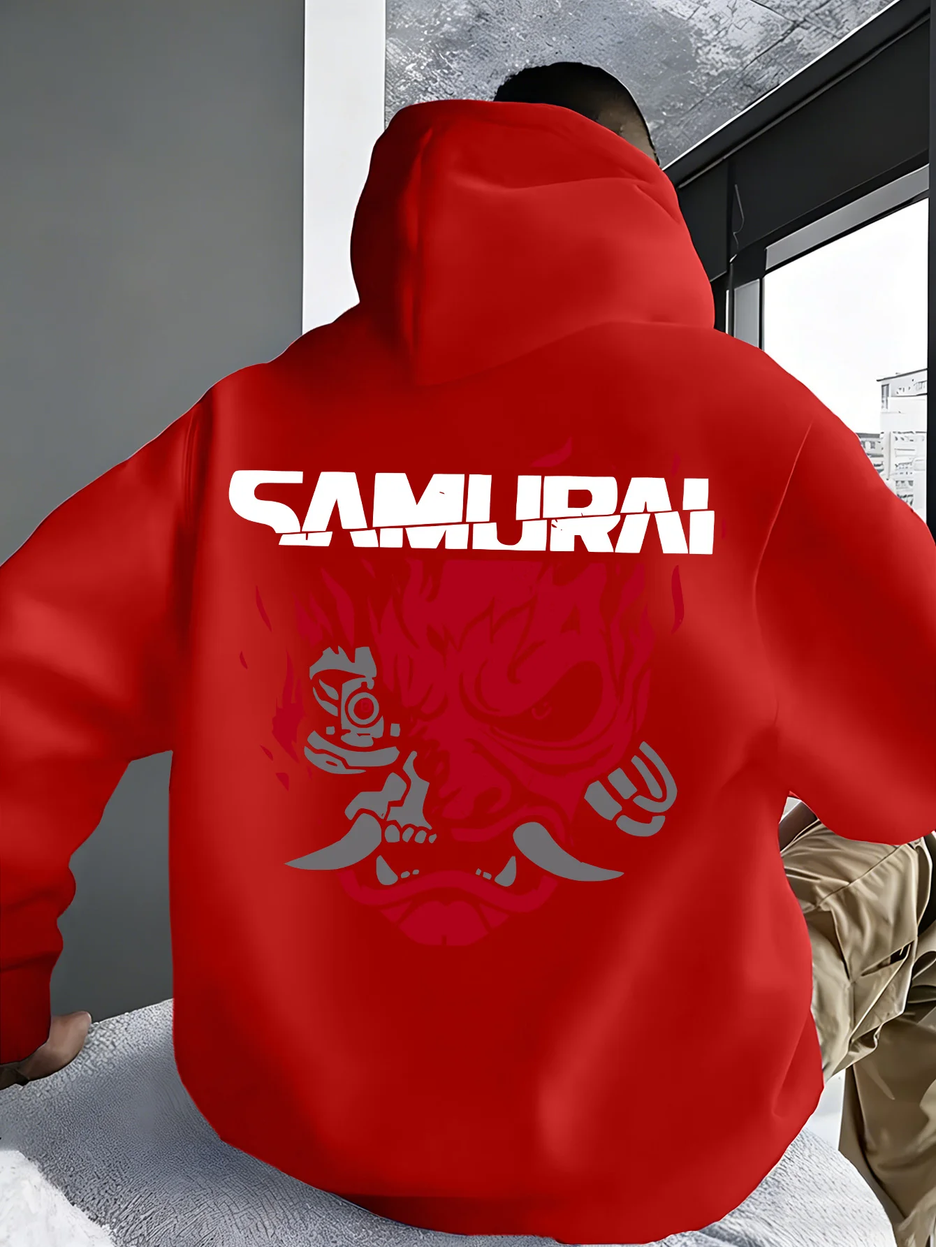 Autumn Winter Men Pullover Hoodie Back Cyber Samurai Demon Mask Print Casual Street Style Sweatshirt Male Daily Wear Tops