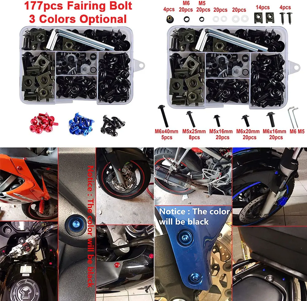 Kit de boulons de carénage de moto, vis de pare-brise en aluminium, attaches colorées, jeu de vis, pièces modifiées pour moto, boîte de 177 pièces