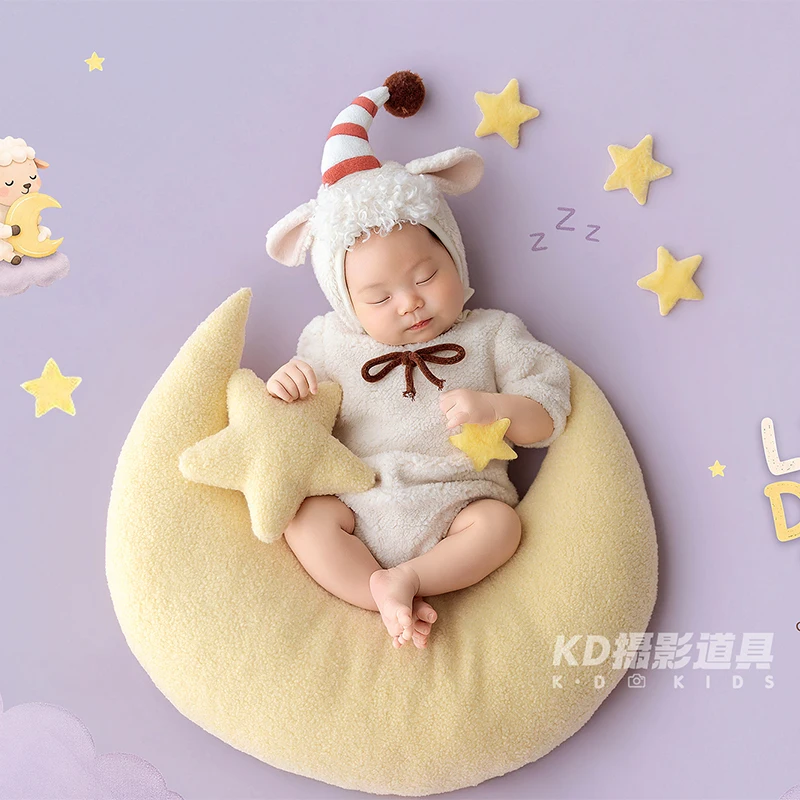 Newborn Lamb Photography Outfit Set Baby Sheep Romper Hat Moon Star Pillow Prop 0-1 Month Infant Month Studio Shooting Props