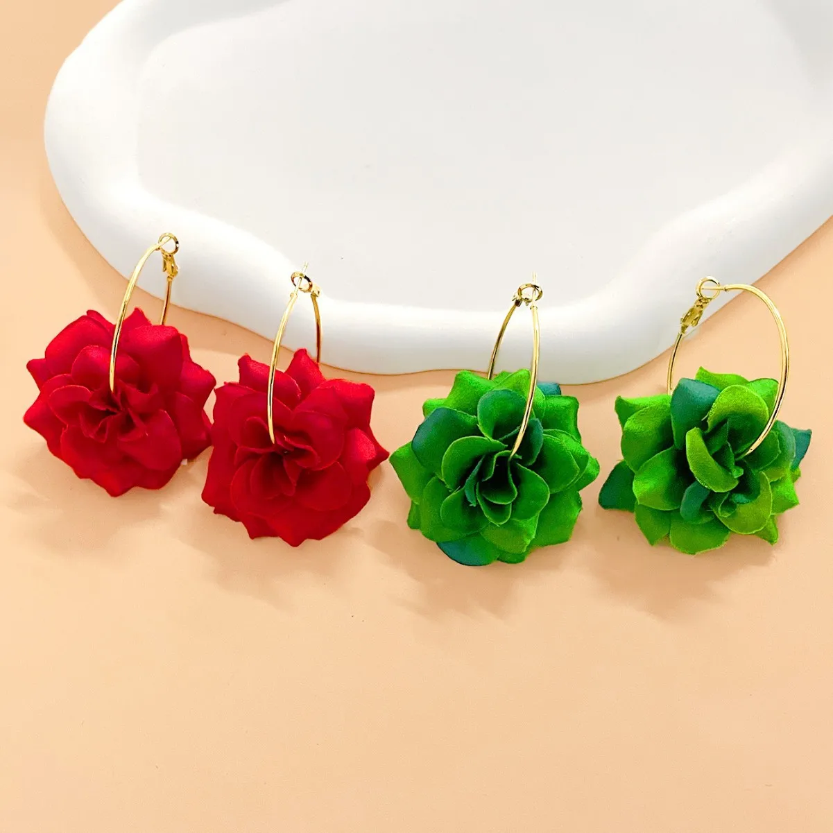 Exaggerated Hoop Earrings Red Green Flower Drop Women Girls Gifts Fashion Jewelry Accessories Hot Sale Party Gift 2025 New Style