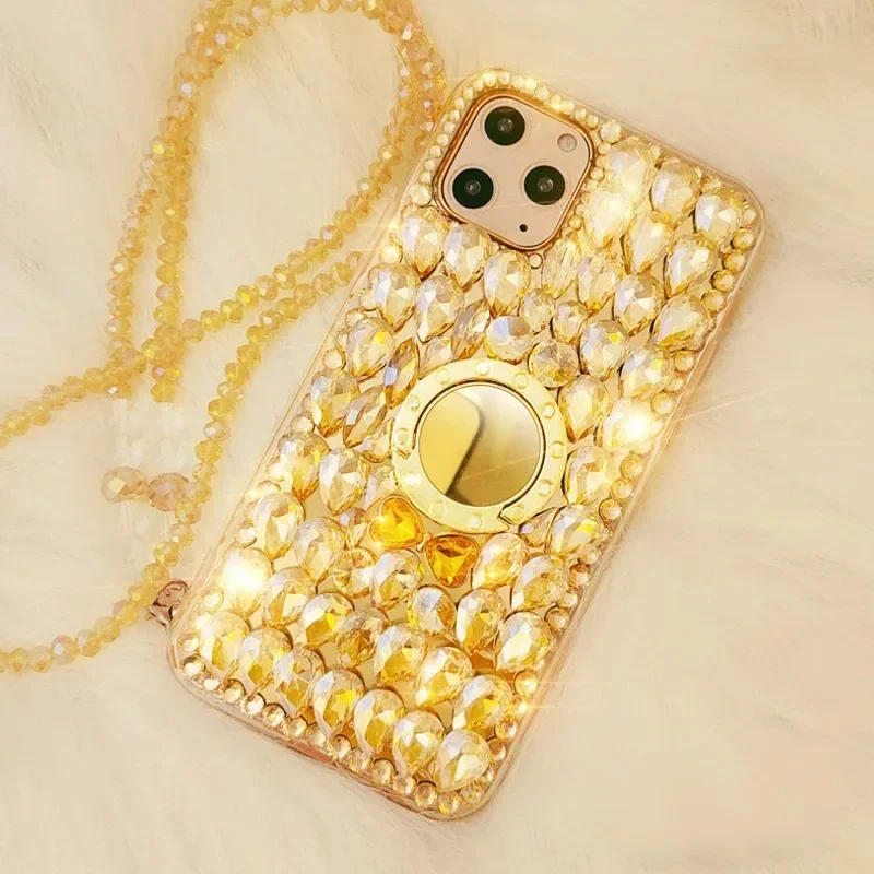 Gold Crystal Strap Phone Case with Diamond and Rhinestone, Bling Case for Xiaomi Redmi 13C 12C 13R Note 11 13 12 Pro Plus