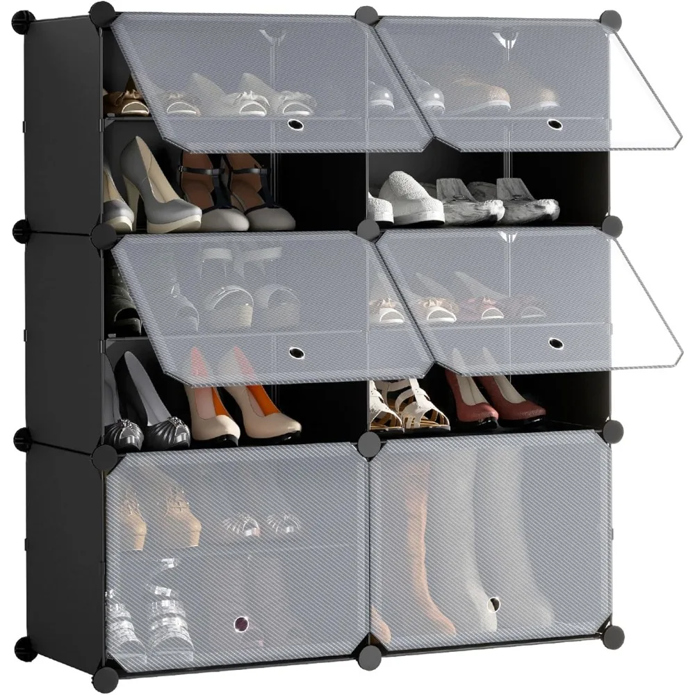 Shoe Organizer Cabient, 6 Cube 12 Tiers Shoe Rack with Door, 24 Pairs Plastic Shoes Storage Cabinet Expandable Free Standing