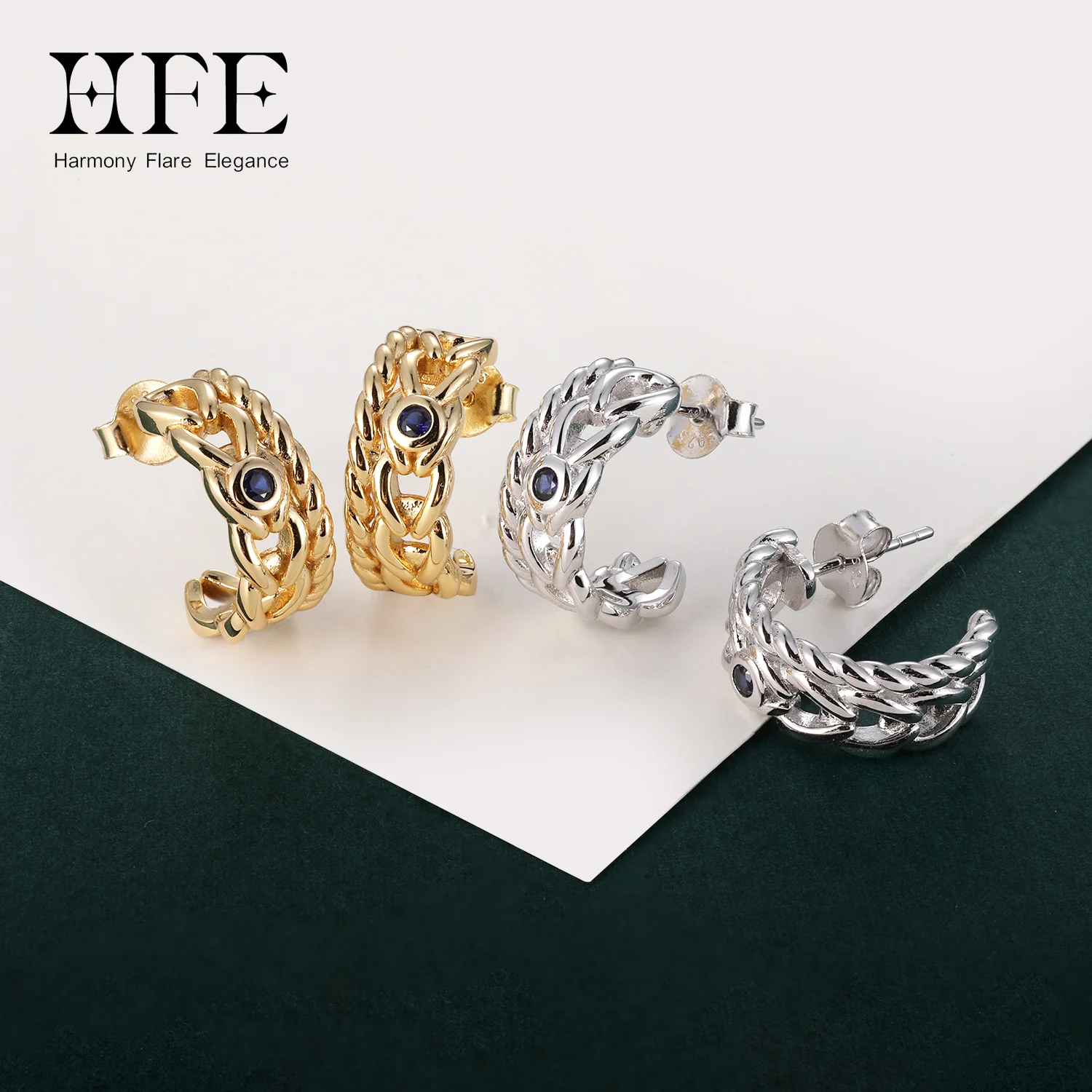 

HFE Sapphire Twisted Rope Half Ring Earrings 925 Silver Plated 18K Gold Men's and Women's Accessories Fashion Boutique Jewelry