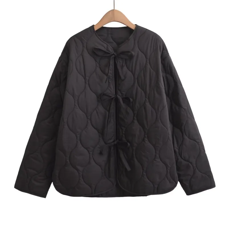 

2025 Winter Women's Warm Cotton Jacket French-Style with Bow Crew Neck Black & White Color Stylish Casual Outerwear Daily Wear